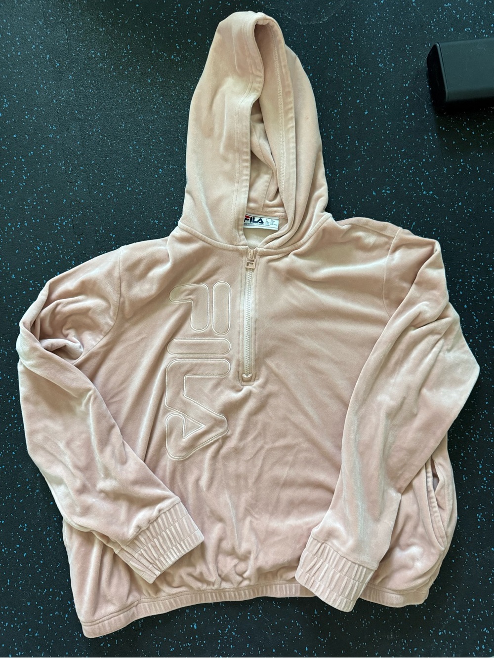 FILA Women's Blush Pink Velour Half-Zip Hoodie Sweater